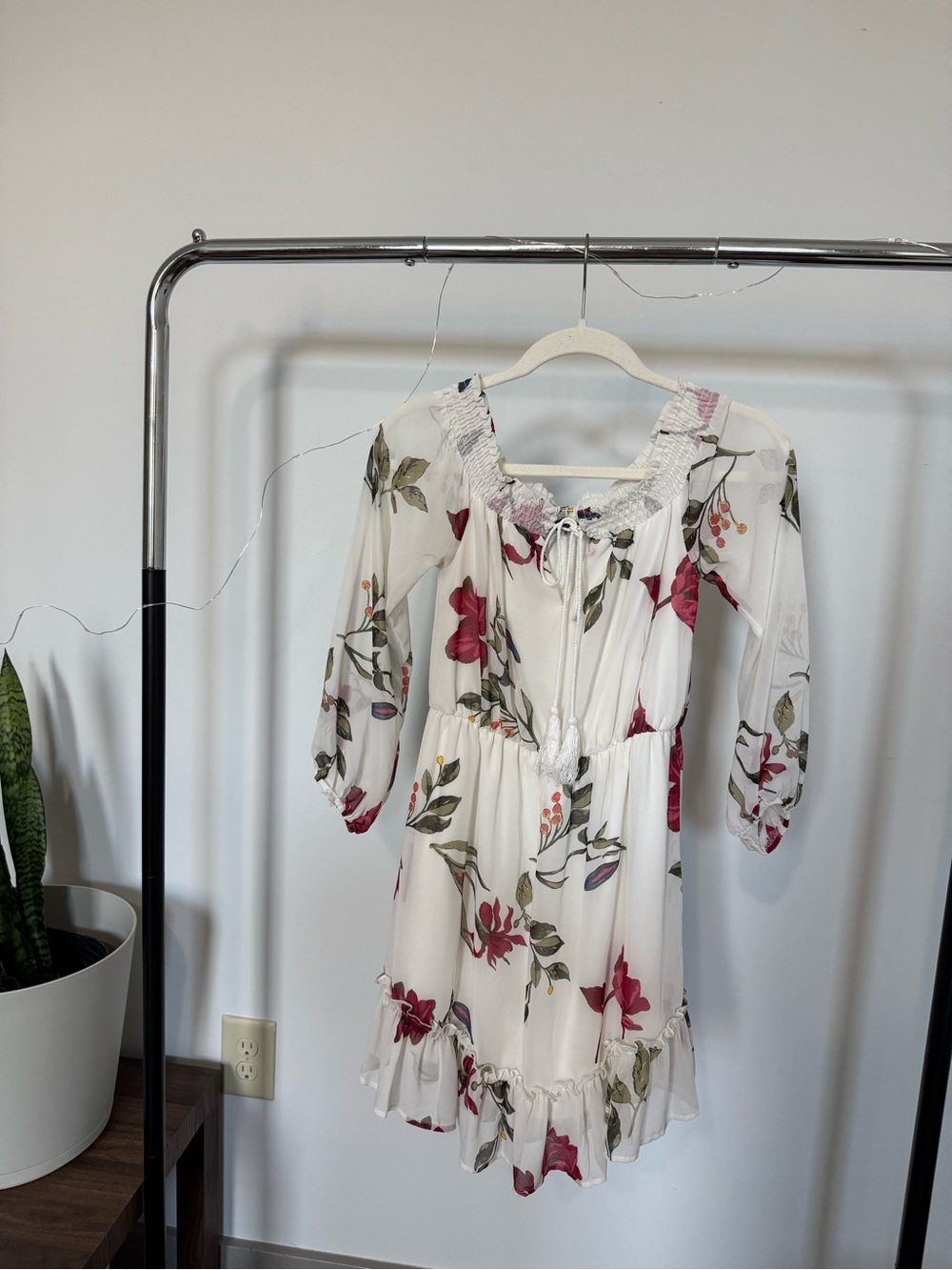White Floral Off-Shoulder Mini Dress with Pink Blooms